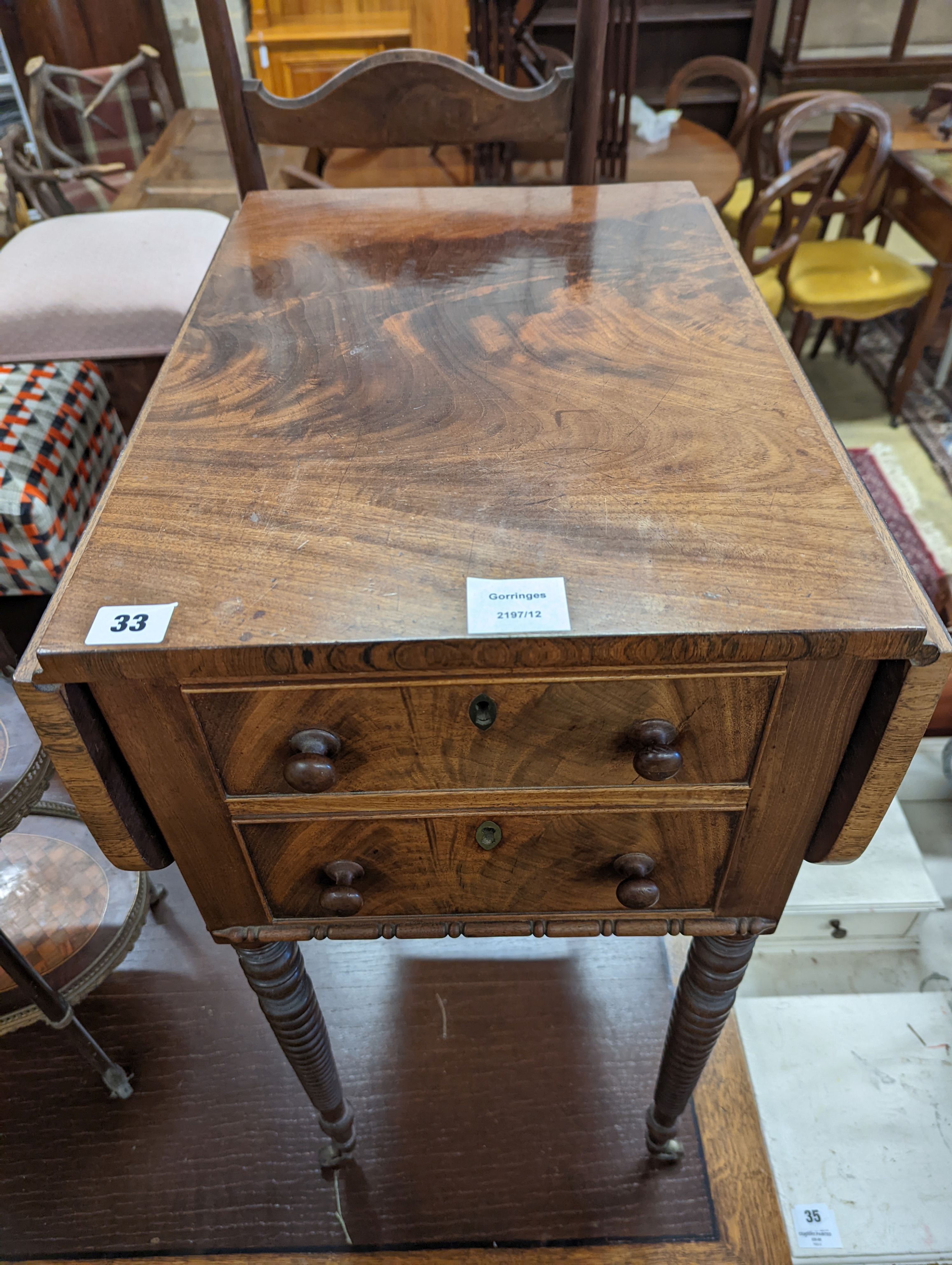 A Regency mahogany drop flap work table, width 38cm, depth 50cm, height 74cm